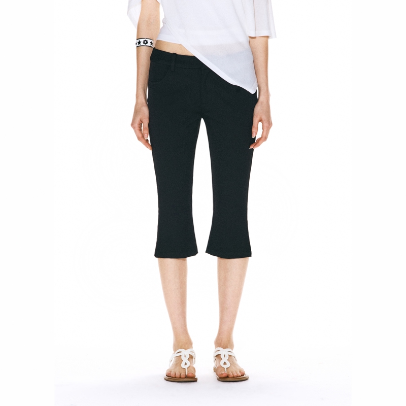 Runway Ticket Black Pants with Slit at the Hem, Stretchy, Slim Fit, Low-Waisted, Cropped Capri Pants
