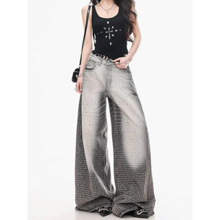 Abwlr Original Retro Plaid Rhinestone Wide-Leg Jeans for Women, Spring and Autumn Design, Loose Floor-Length Straight Pants