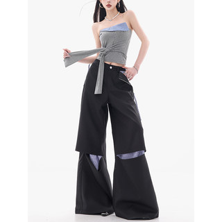 Abwear Sea Salt Iced Tea - Original Korean-Style Ripped Design Patchwork Faux Two-Piece Casual Pants for Women, Loose Wide-Leg Pants