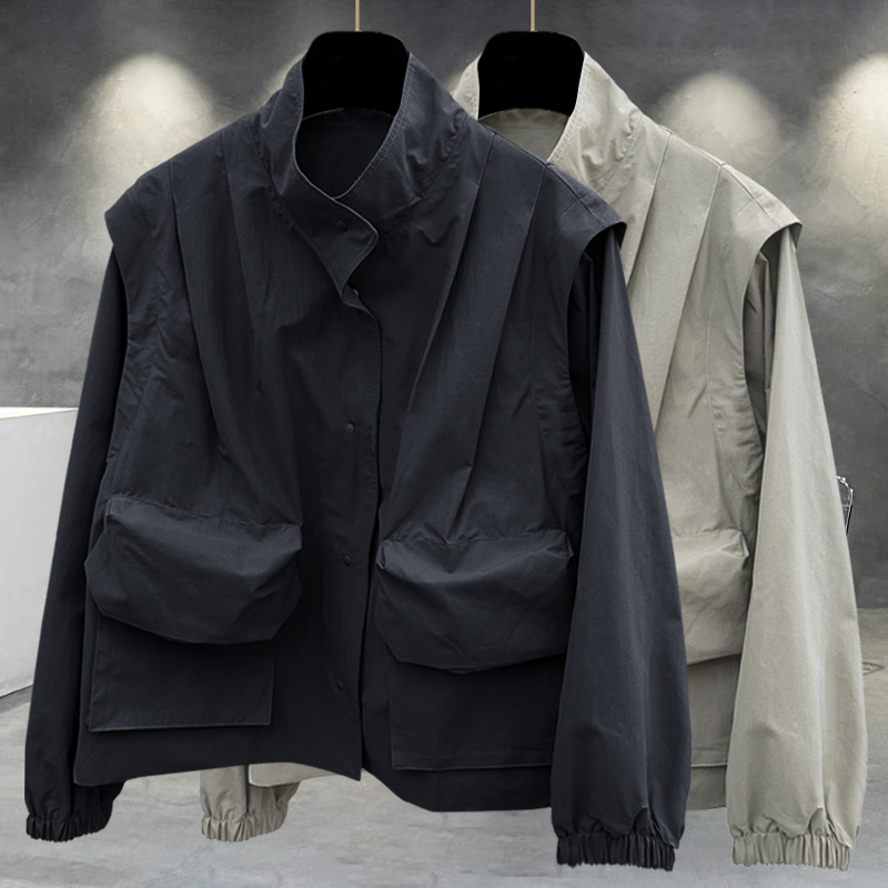 Solid Color Cardigan Stand-Up Collar Jacket for Men, Spring and Autumn Trendy Brand, Cool Workwear Style, Three-Dimensional Fake Two-Piece Jacket, Trench Coat