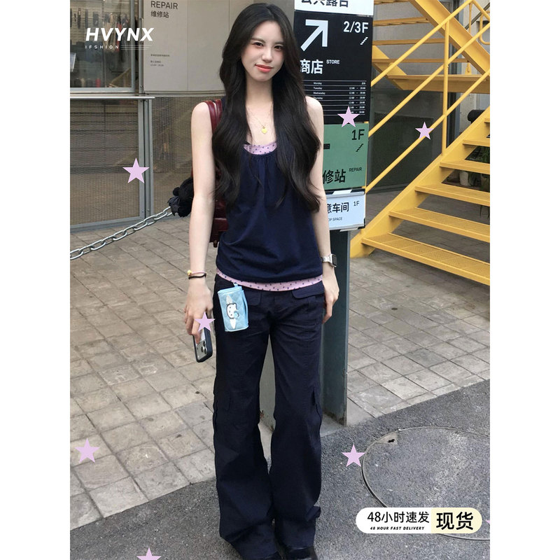 American-Style Navy Blue Low-Waist Straight-Leg Cargo Pants for Women, Summer 2026 New Cool and Stylish Multi-Pocket Wide-Leg Casual Pants