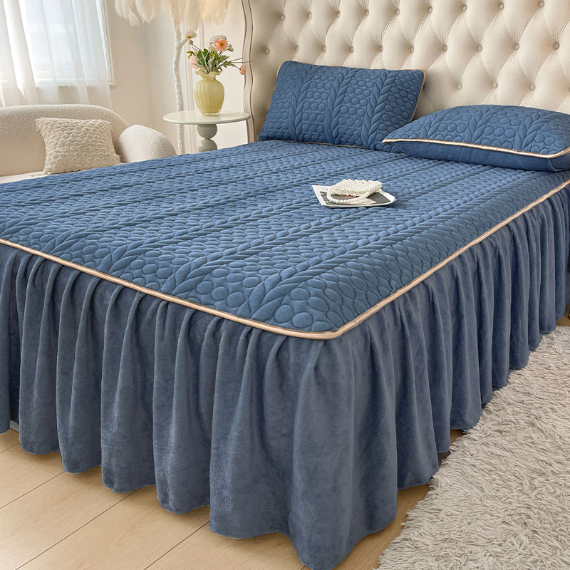 冬用ミルクベルベットキルトベッドスカート 3点セット クリスタルベルベット 滑り止め 暖かい 豪華なベッドカバー ベッドシーツ 厚手ベッドシーツ