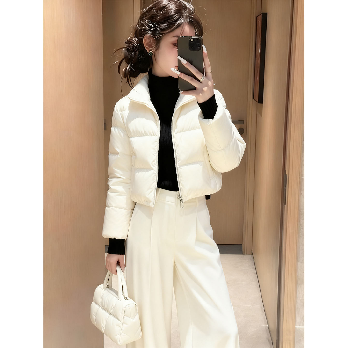 Winter essential: chic white, short-length down jacket