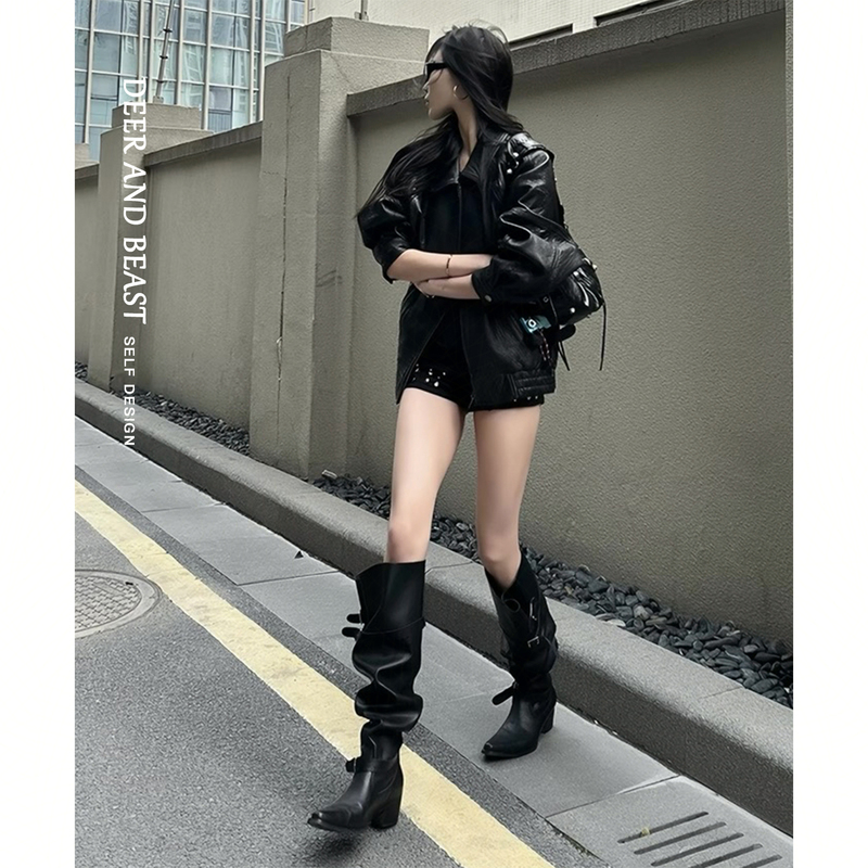 Wide-Leg Pointed-Toe Long Boots for Women, Autumn Thick-Heeled Pleated Stacked Boots, Genuine Leather Inner Height-Increasing Long Boots, Black Western Riding Boots Wide-Leg Pointed-Toe Long Boots for Women, Autumn Thick-Heeled Pleated Stacked Boots, Genuine Leather Inner Height-Increasing Long Boots, Black Western Riding Boots