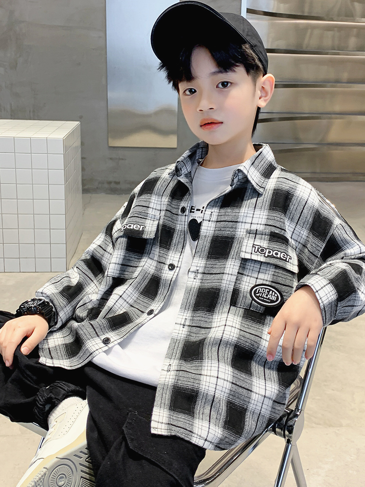 Boys plaid long-sleeved shirts spring clothes big boys shirts 2022 spring and autumn new trendy brand Korean version fried street boys