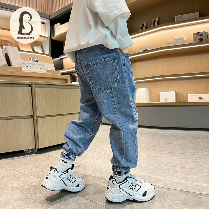 Boys' ripped jeans 2022 autumn new middle and big children's corset pants boys spring and autumn trousers 8-10 years old