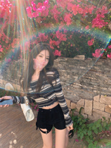 Retro Collision Color Thin Striped Long Sleeve T-Shirt Woman Spring Loaded With Slim Reveal Navel Knit Blouse Shorts