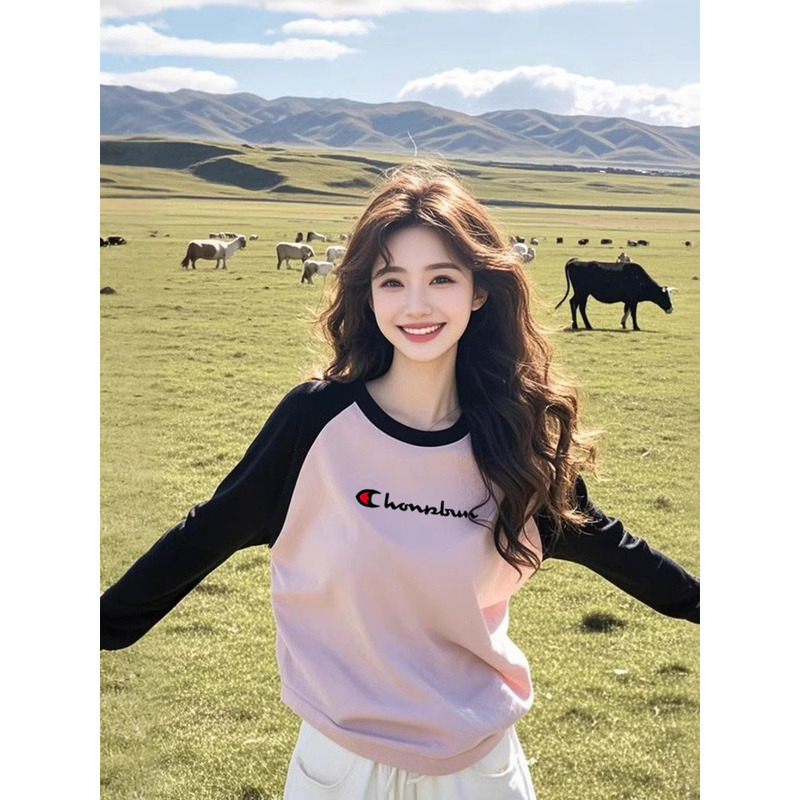 Cute Champion Color-Blocked Raglan Long-Sleeve T-Shirt for Women, Spring and Autumn, Stylish and Loose-Fitting Base Shirt Top Cute Champion Color-Blocked Raglan Long-Sleeve T-Shirt for Women, Spring and Autumn, Stylish and Loose-Fitting Base Shirt Top