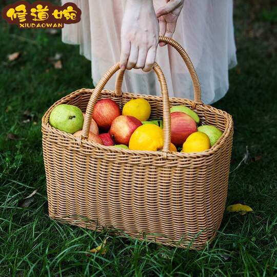 Floral Blue Woven Basket Bamboo Basket Storage Basket Picnic Basket ins Large Portable Rattan Shopping and Picking Basket