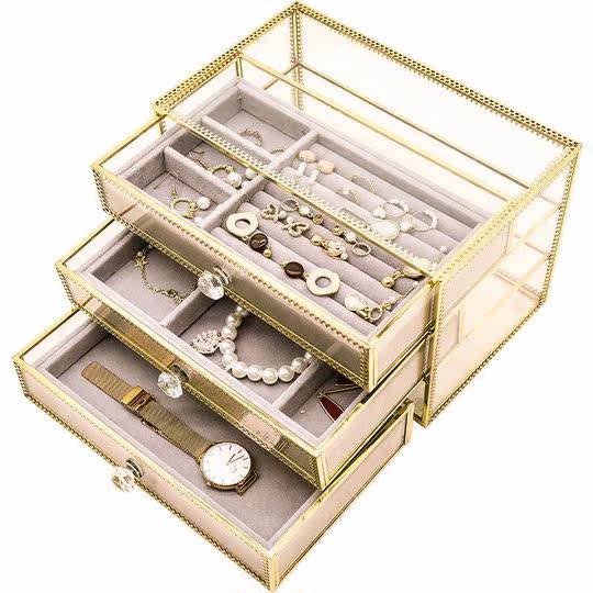 Vintage Glass Jewelry Storage Box Dustproof Style with Gold Edge for Organizing Earrings, Rings, and Jewelry Accessories