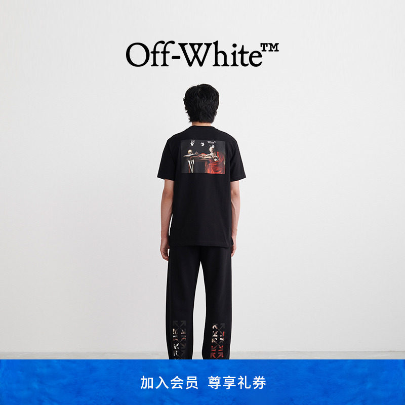 OFF-WHITE Men's Black Caravaggio Oil Painting Print Short Sleeve Slim Fit Crewneck T-Shirt