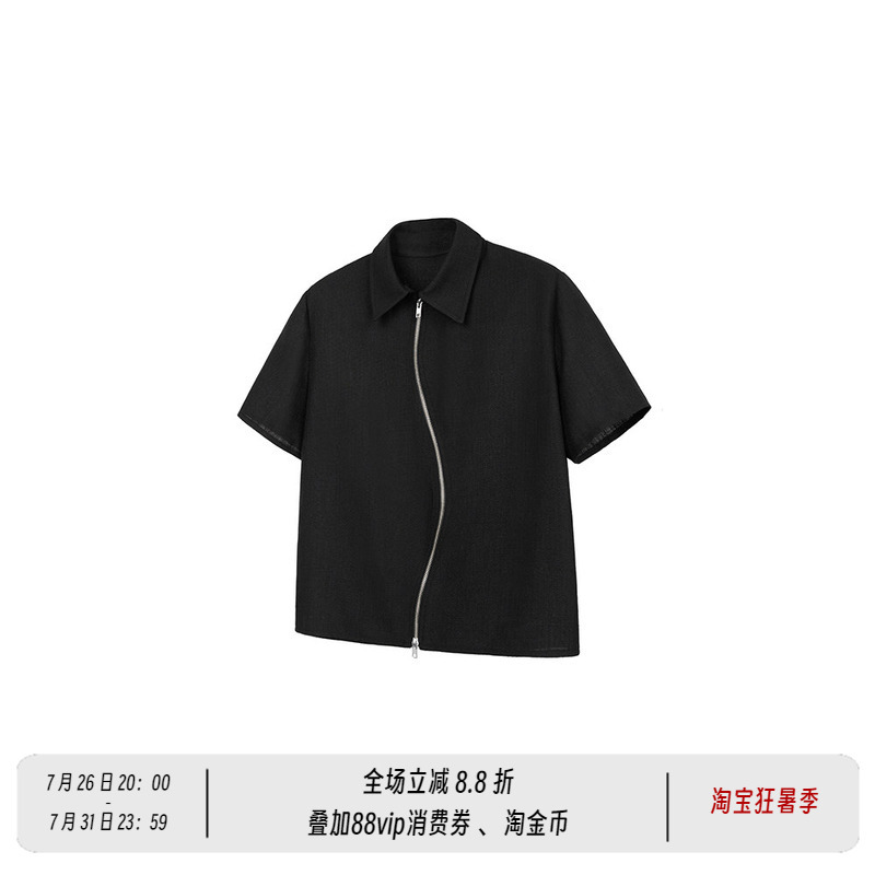 New Decay S Zipper Textured Black Short-Sleeved Lapel Casual Shirt Top for Men
