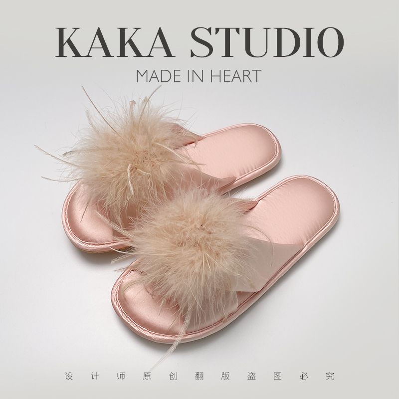 Internet-Famous Ostrich Feather Dressing Gown with Cross Satin Slippers, Fairy-Style Light Luxury Spring and Summer Soft-Soled Home Open-Toe Sandals