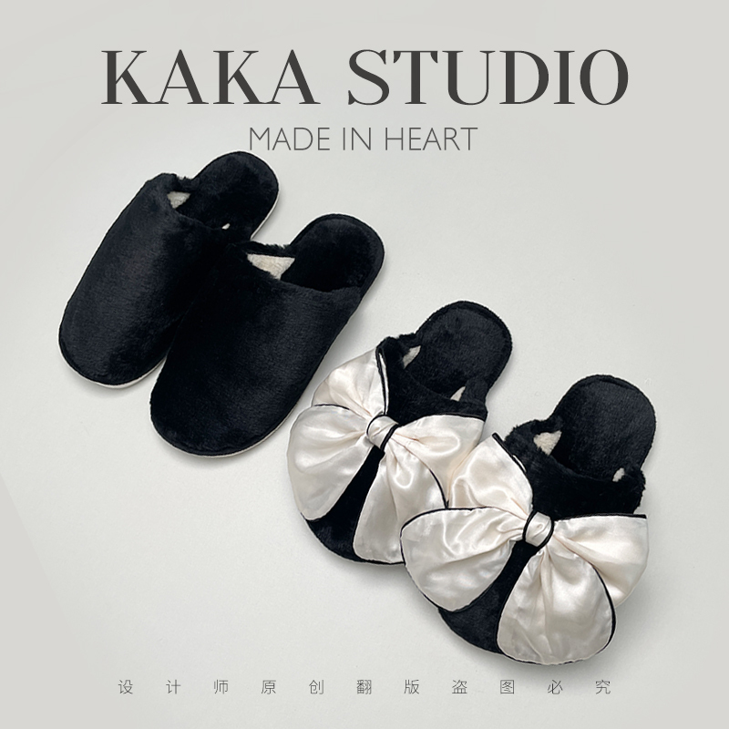 French-Style Satin Black and White Bow Slippers for Couples, Autumn and Winter Home Slippers, Closed-Toe Warm Plush Cotton Slippers for Men and Women