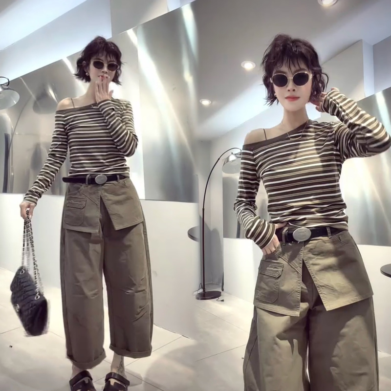 Designed with a Sense of Style, Striped Color-Blocking, Asymmetrical Neckline, Off-Shoulder, Long-Sleeved T-Shirt for Women, 2026 Autumn New Style, Slim Fit, Versatile Top Designed with a Sense of Style, Striped Color-Blocking, Asymmetrical Neckline, Off-Shoulder, Long-Sleeved T-Shirt for Women, 2026 Autumn New Style, Slim Fit, Versatile Top