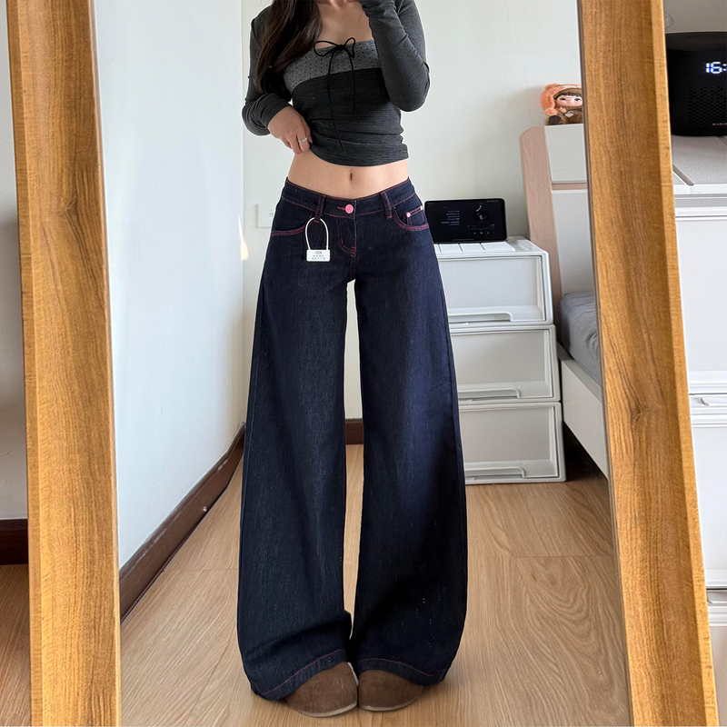 Retro Contrasting Color Wide-Leg Jeans for Women 2026 Spring and Summer New Design Sexy Low-Waisted Loose and Drapedy Versatile Pants
