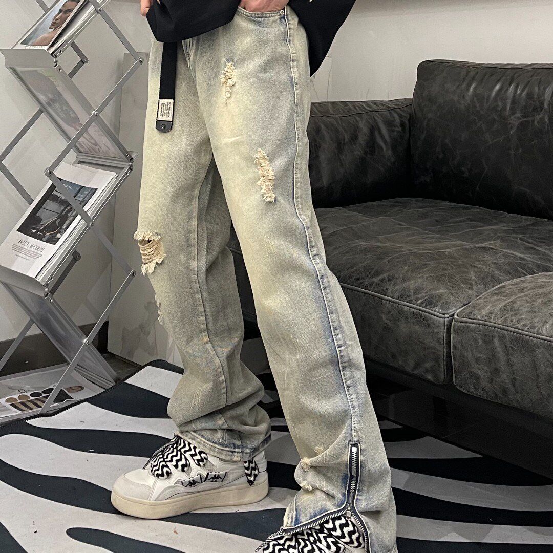 Suchen tide brand clothing yellow mud dye summer new men's straight leg loose loose tide wash jeans thin