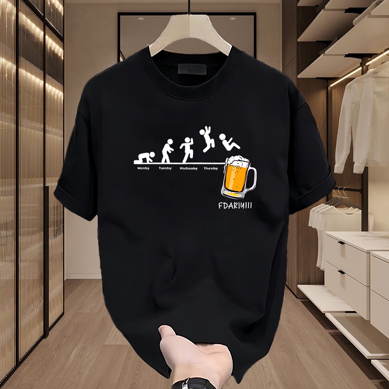 Summer Fun and Funny Beer Print Short-Sleeved T-Shirt for Men, Summer ins Trendy Youth Loose Hong Kong Style T-Shirt Summer Fun and Funny Beer Print Short-Sleeved T-Shirt for Men, Summer ins Trendy Youth Loose Hong Kong Style T-Shirt
