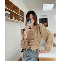 Plus size fat girl French top womens long-sleeved shirt spring and autumn new v-neck design niche drawstring shirt summer