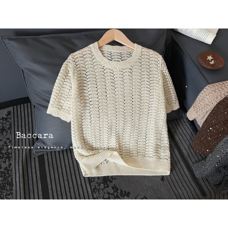 2026 New Spring Women's Sweater, Can Be Worn as an Outer Layer, Bc Knitwear, Sequin Short-Sleeve Hollow-Out Base Shirt