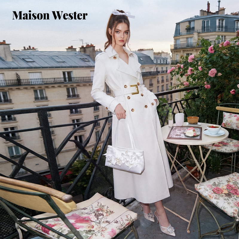 Maison Wester 2026 Autumn New Design Light Luxury Heavy Craft Gold Buckle Belt Beige Trench Coat Maison Wester 2026 Autumn New Design Light Luxury Heavy Craft Gold Buckle Belt Beige Trench Coat