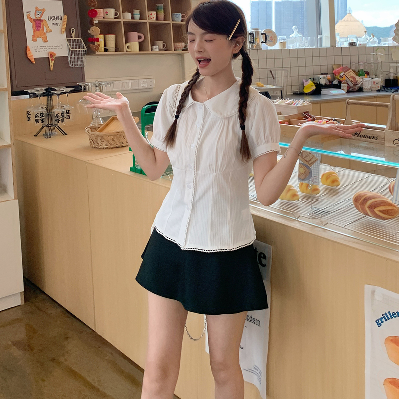 Fan Doll Collar Short-Sleeved Shirt for Women with Puff Sleeves, Tie Waist, White Shirt, Jennie Style Summer Top