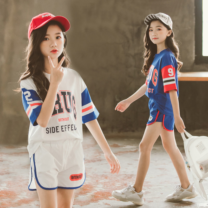 Girls suit summer 2022 new summer sports and leisure medium and large children's clothing Western style little girl short-sleeved two-piece suit