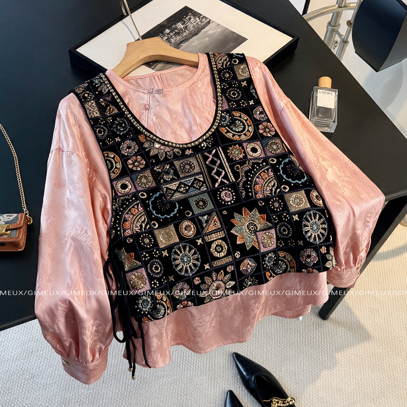 Jimer 2026 New Model Extremely Ornate Embellished with Bright Silk Bead Embroidery and Flocking Vest for Women, Layered Vest, Black Top