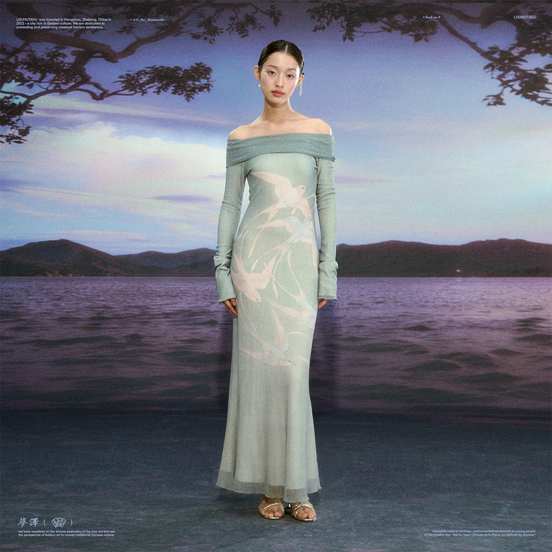Loumutaku Mengze's "Feathered Bird in the Wind" New Chinese-Style Original Floral and Bird One-Shoulder Mesh Dress