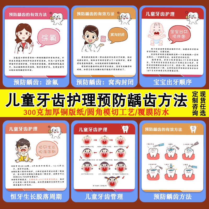 预防龋齿牙齿护理方法卡片通用口腔注意事项卡预防龋齿涂氟窝沟封闭方法宝宝出牙顺序图恒牙生长脱落周期卡片