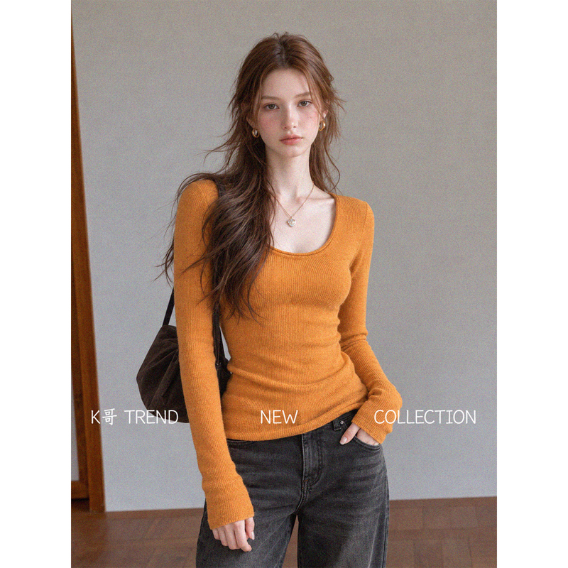 Dopamine U-Neck Long-Sleeved Knit Top for Women, Early Autumn Slim Fit Orange Blouse with Rolled Edges, Stretchy Base Shirt