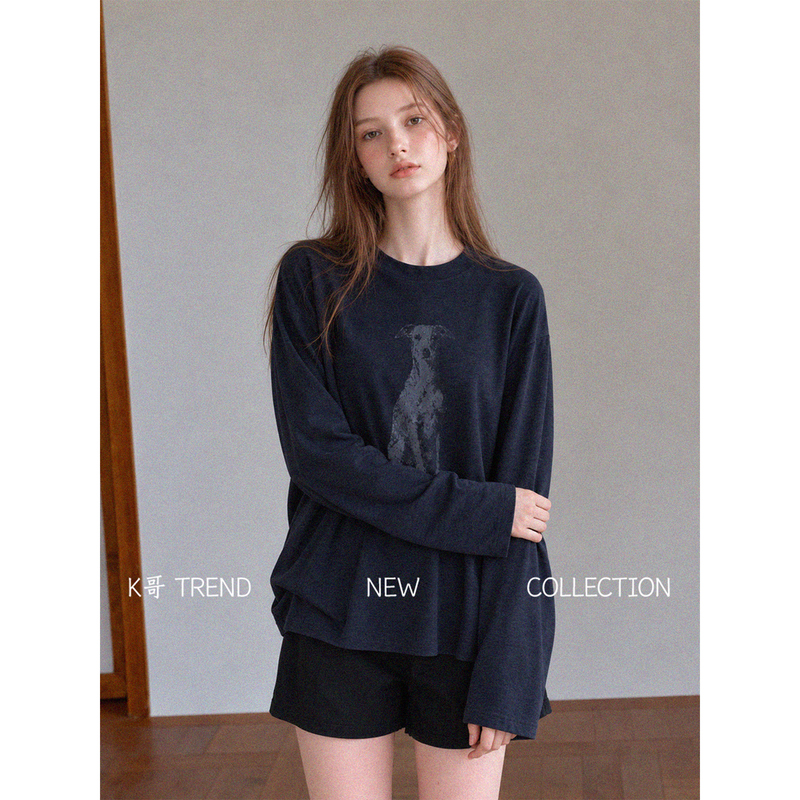 Korean-Style Long-Sleeve T-Shirt for Women, Early Autumn, Dog Print, Loose Fit, Slimming, Dark Blue, Lazy Style, Base Shirt, Casual Top Korean-Style Long-Sleeve T-Shirt for Women, Early Autumn, Dog Print, Loose Fit, Slimming, Dark Blue, Lazy Style, Base Shirt, Casual Top