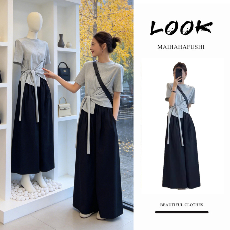 Casual Suit for Women 2026 New Summer Style with Tie-Up Slim Fit Short-Sleeved Top and Casual Wide-Leg Pants Two-Piece Set
