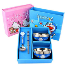 Childrens tableware four-piece fashion cartoon gift box set stainless steel bowl chopsticks spoon baby birthday gift