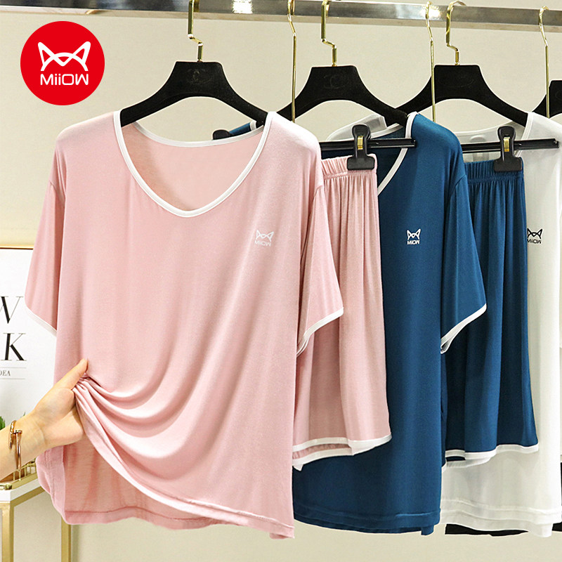 Cat person sleepwear woman summer big code thin section 2023 New Modale cotton loose home clothes can go out-Taobao