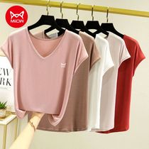 Cat person Modale short sleeve T-shirt female hit bottom summer V collar big code thin section sleeveless vest loose cotton kan shoulder blouse