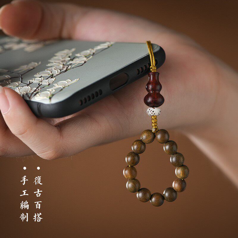 Chinese style sandalwood bodhi mobile phone chain lanyard mobile phone shell ring buckle men and women u disk strap rope couple pendant