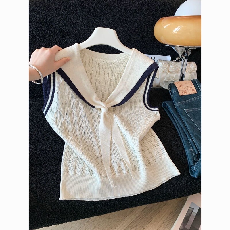 College Style Navy Collar Striped Hollow Knitted Vest for Women, New Summer Style, Sweet and Age-Reducing, Slim-Fitting Sleeveless Top