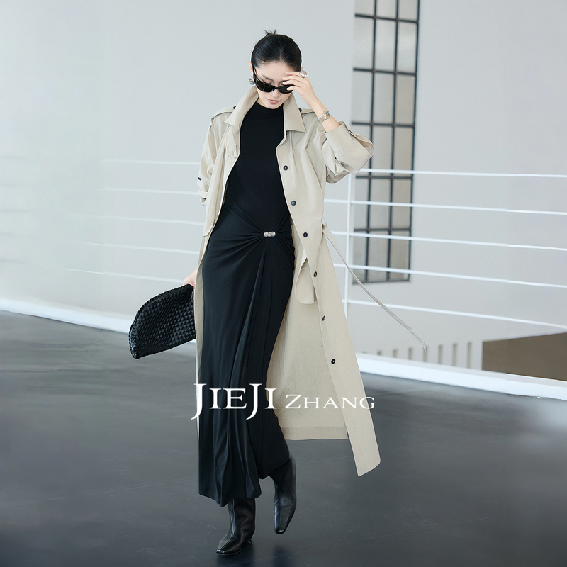 Zhang Qi Jieji Zhang【Twilight Breeze】Autumn Long-Sleeved Coat with Lapel, Long Style, Waist-Cinching Workwear Trench Coat