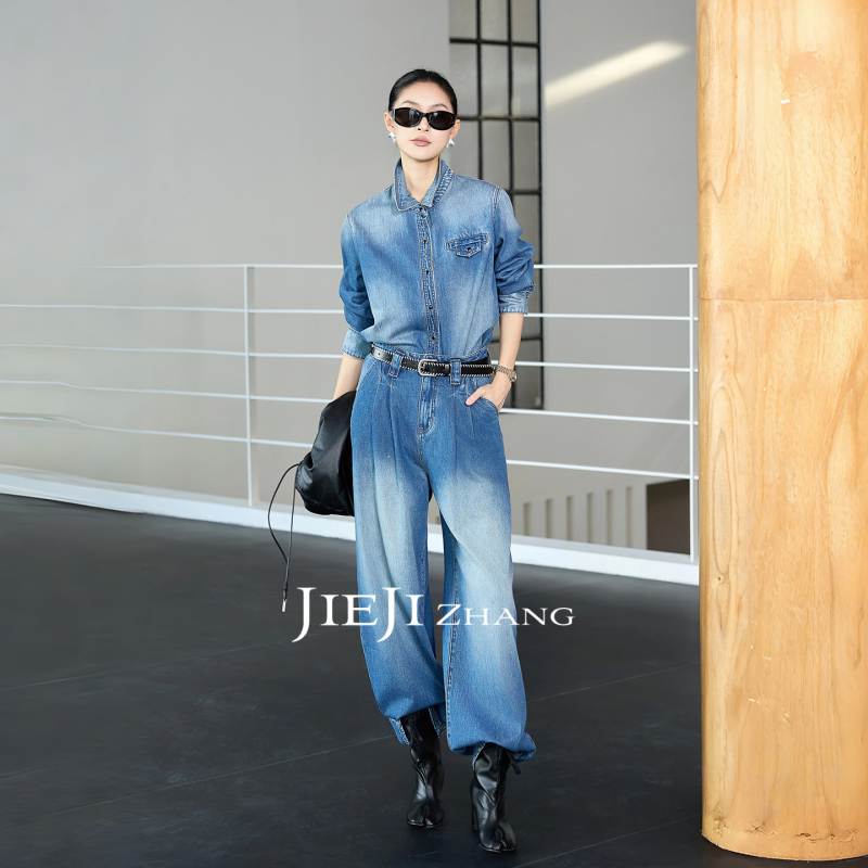 Zhang Qi Jieji Zhang【Lan Xu】Autumn 100% Cotton Gradient Shirt Vintage Washed Denim Jacket for Women Zhang Qi Jieji Zhang【Lan Xu】Autumn 100% Cotton Gradient Shirt Vintage Washed Denim Jacket for Women