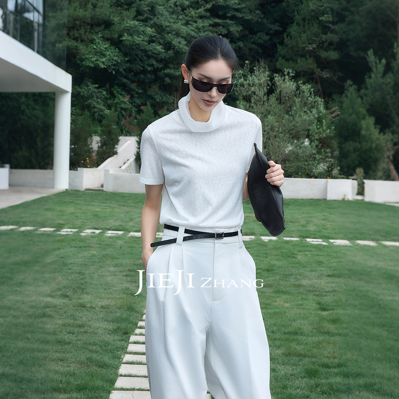 Zhang Qi Jieji Zhang【Morning Dew】Summer Snowflake Cotton Silk Scarf Stand Collar Top White Rhinestone Short Sleeve T-Shirt