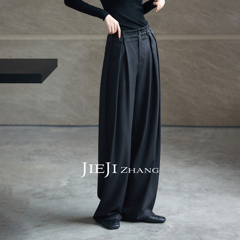 Zhang Qi Jieji Zhang Autumn Lyocell High-Waisted Satin Wide-Leg Pants Lightweight Black Straight-Leg Casual Pants