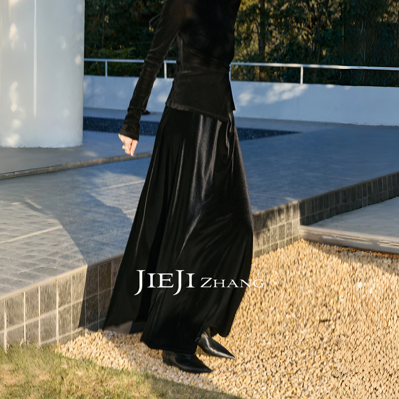 Zhang Qi Jieji Zhang【Quiet Luxury Light and Shadow】Winter Black Velvet Midi Skirt Straight A-Line Long Skirt for Women