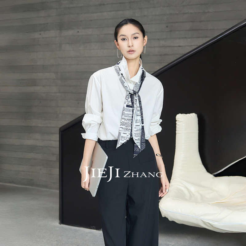 Zhang Qi Jieji Autumn New Vintage Tie Print White Long Sleeve Shirt Women's Design Versatile Blouse Women