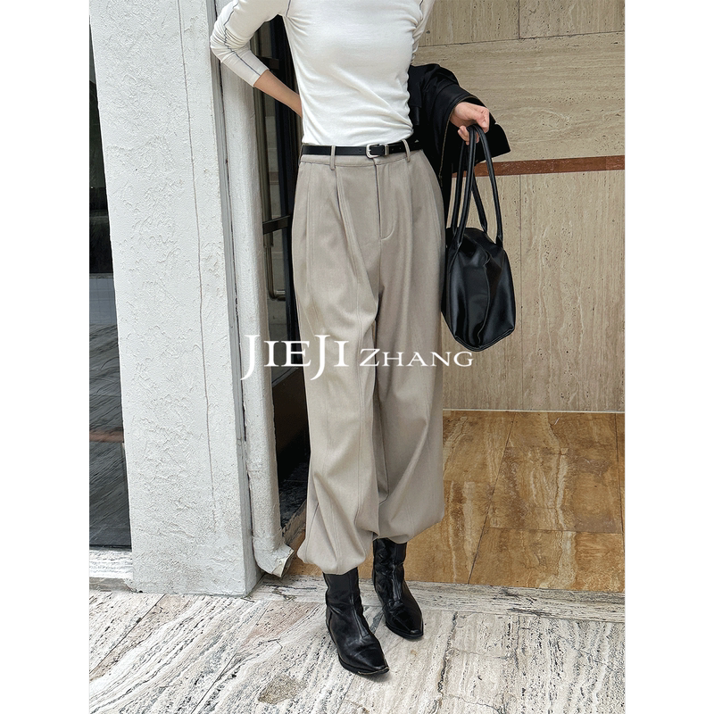 Zhang Qi Jieji Zhang【Quiet Rhythm】Autumn Retro Straight-Leg Trousers with Three-Dimensional Pleats and High Waist Casual Pants