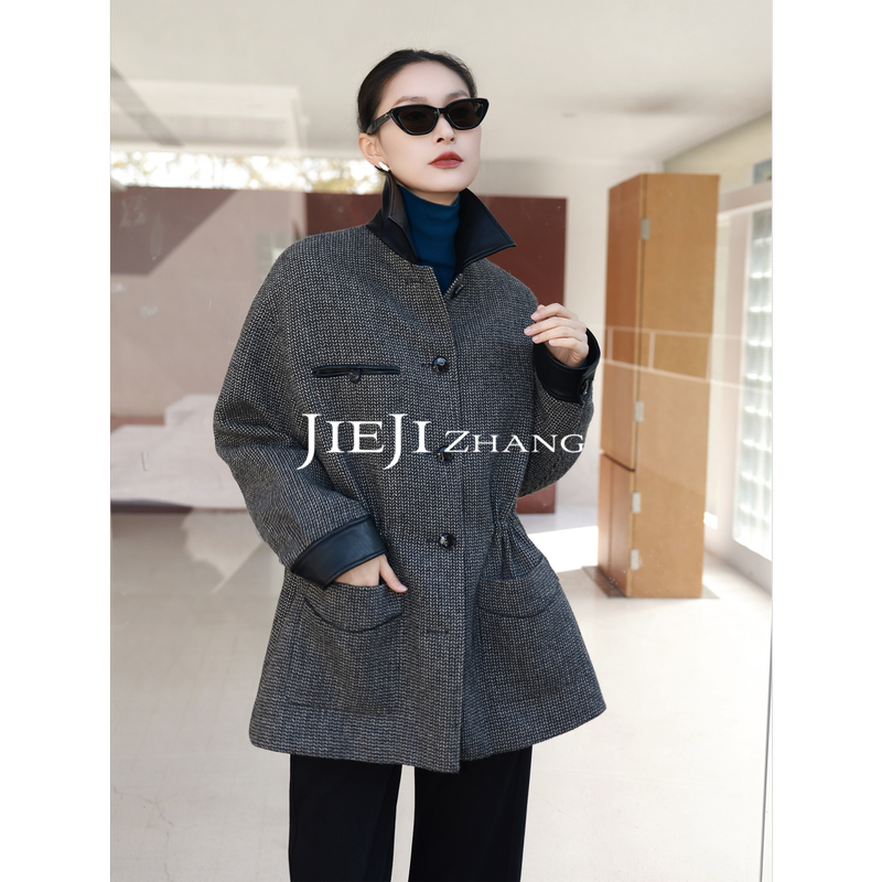 Zhang Qi Jieji Autumn and Winter High-End Lapel Leather Patchwork Woolen Coat Fashionable Versatile Wool down Jacket Zhang Qi Jieji Autumn and Winter High-End Lapel Leather Patchwork Woolen Coat Fashionable Versatile Wool down Jacket