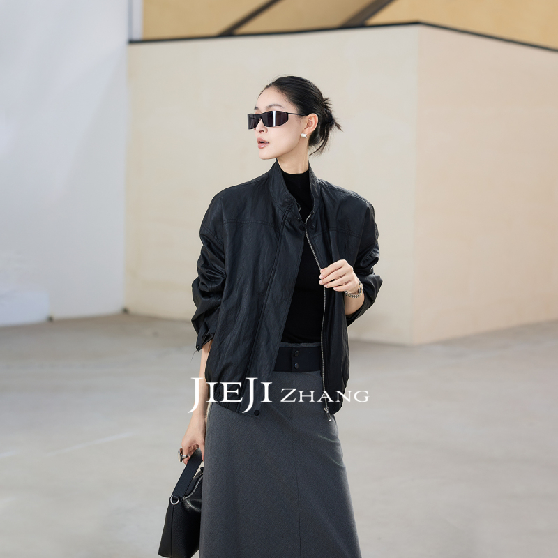 Zhang Qi Jieji Zhang【Glowing Narrative】Autumn Pu Black Leather Jacket Cool and Stylish Women's Coat Zhang Qi Jieji Zhang【Glowing Narrative】Autumn Pu Black Leather Jacket Cool and Stylish Women's Coat