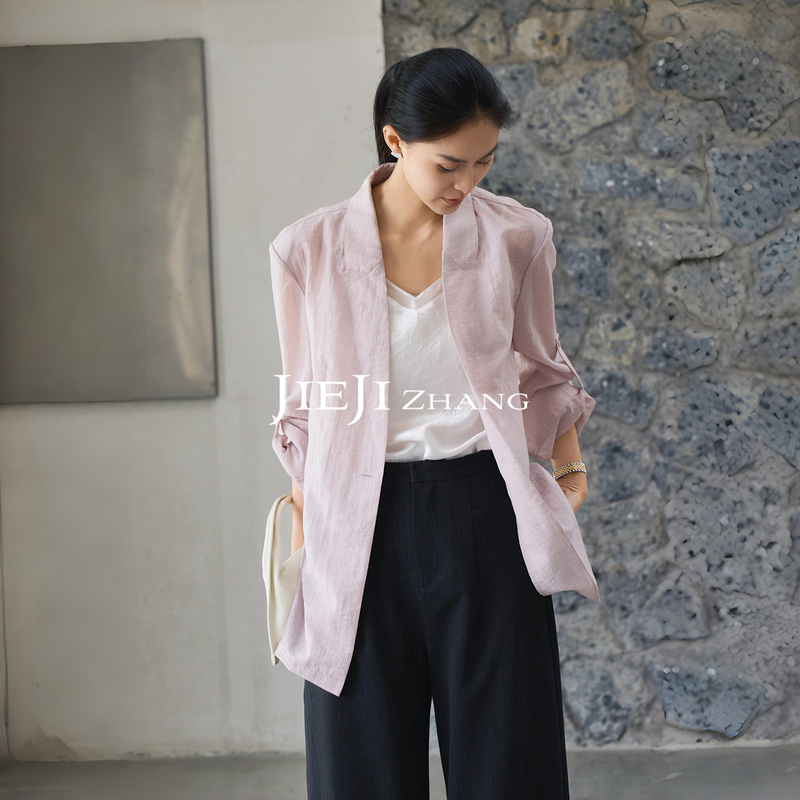 Zhang Qi Jieji Zhang Summer Pink Lyocell Acetate Jacket for Women, Waist-Cinching Thin Air-Conditioning Shirt, Small Blazer