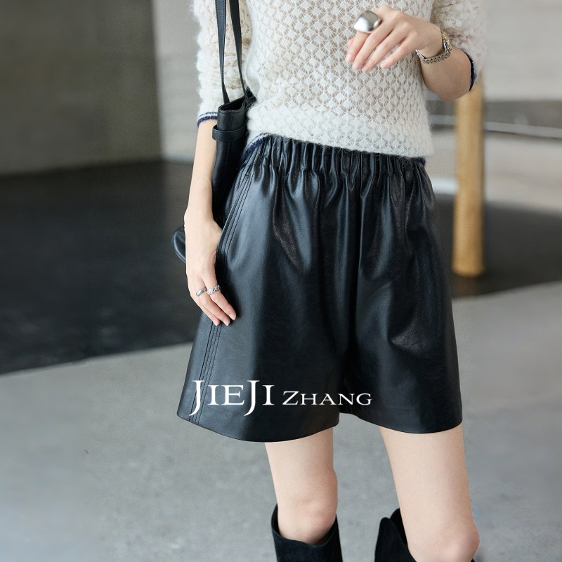 Zhang Qi Jieji Zhang【Saiying】Autumn Retro A-Line Wide-Leg Shorts Black Elastic Waist Pu Leather Pants