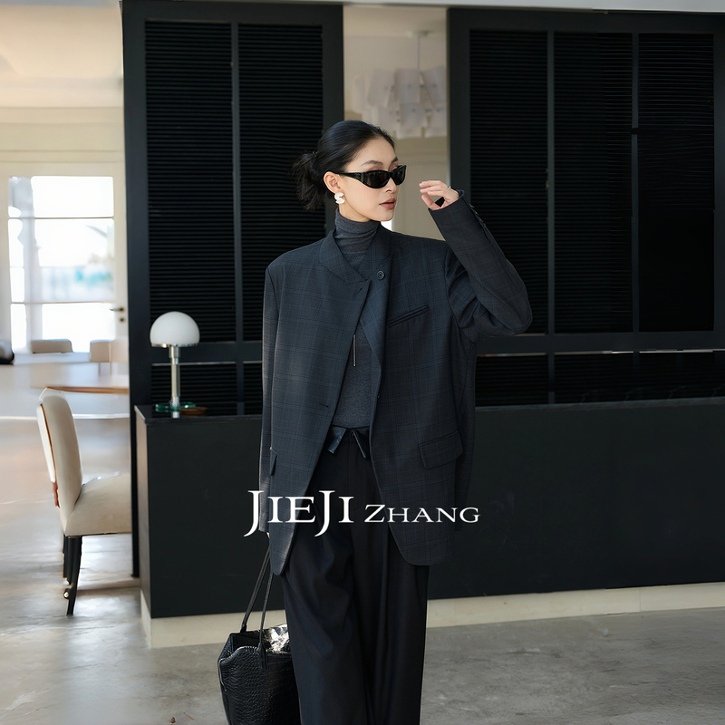 Zhang Qi Jieji Zhang【Paris Time Capsule】Autumn Plaid Wool Suit Niche Japanese Style Stand Collar Jacket
